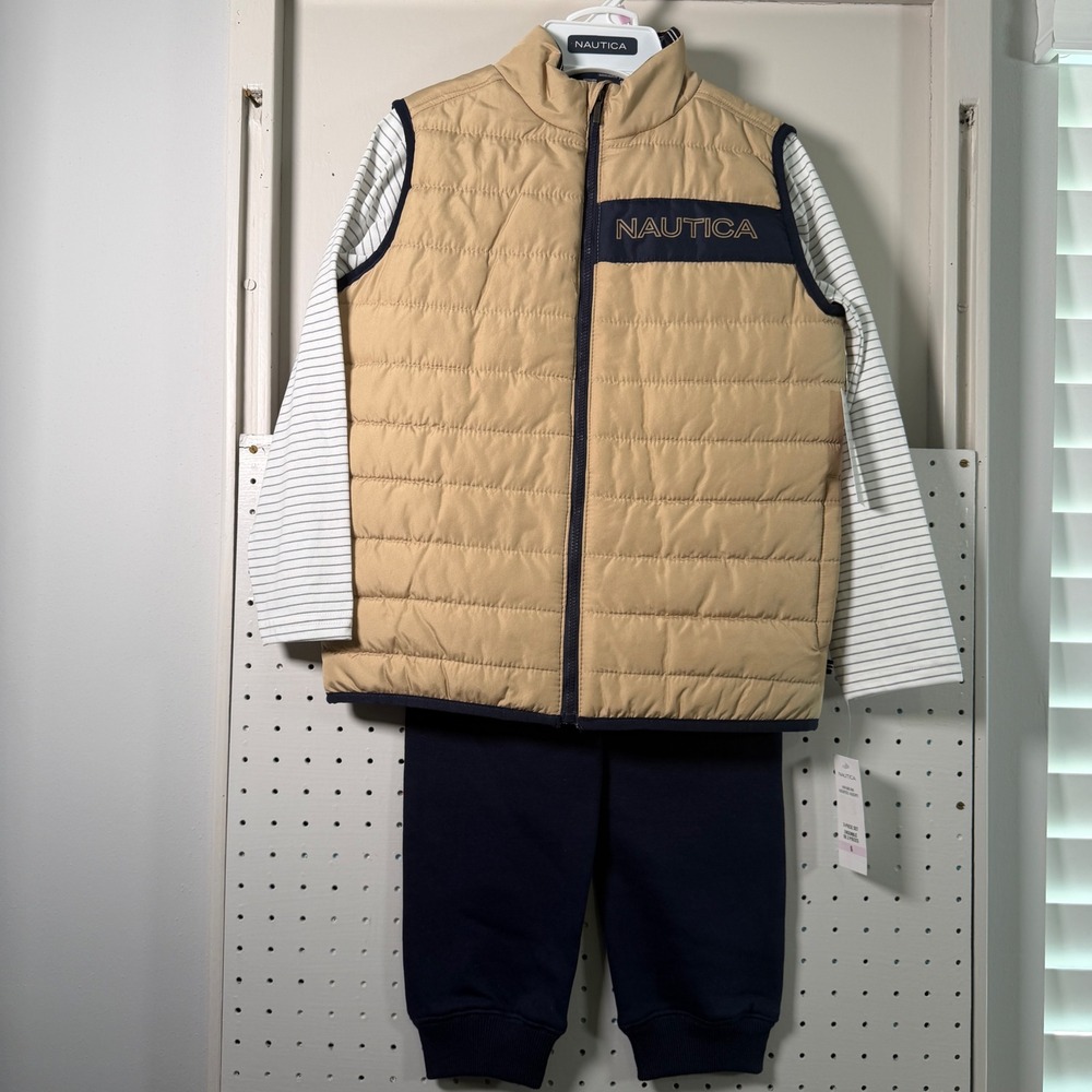 Nautica Boys 3-Piece Set Quilted Puffer Vest Striped Tee Joggers Tan Navy Size 6
